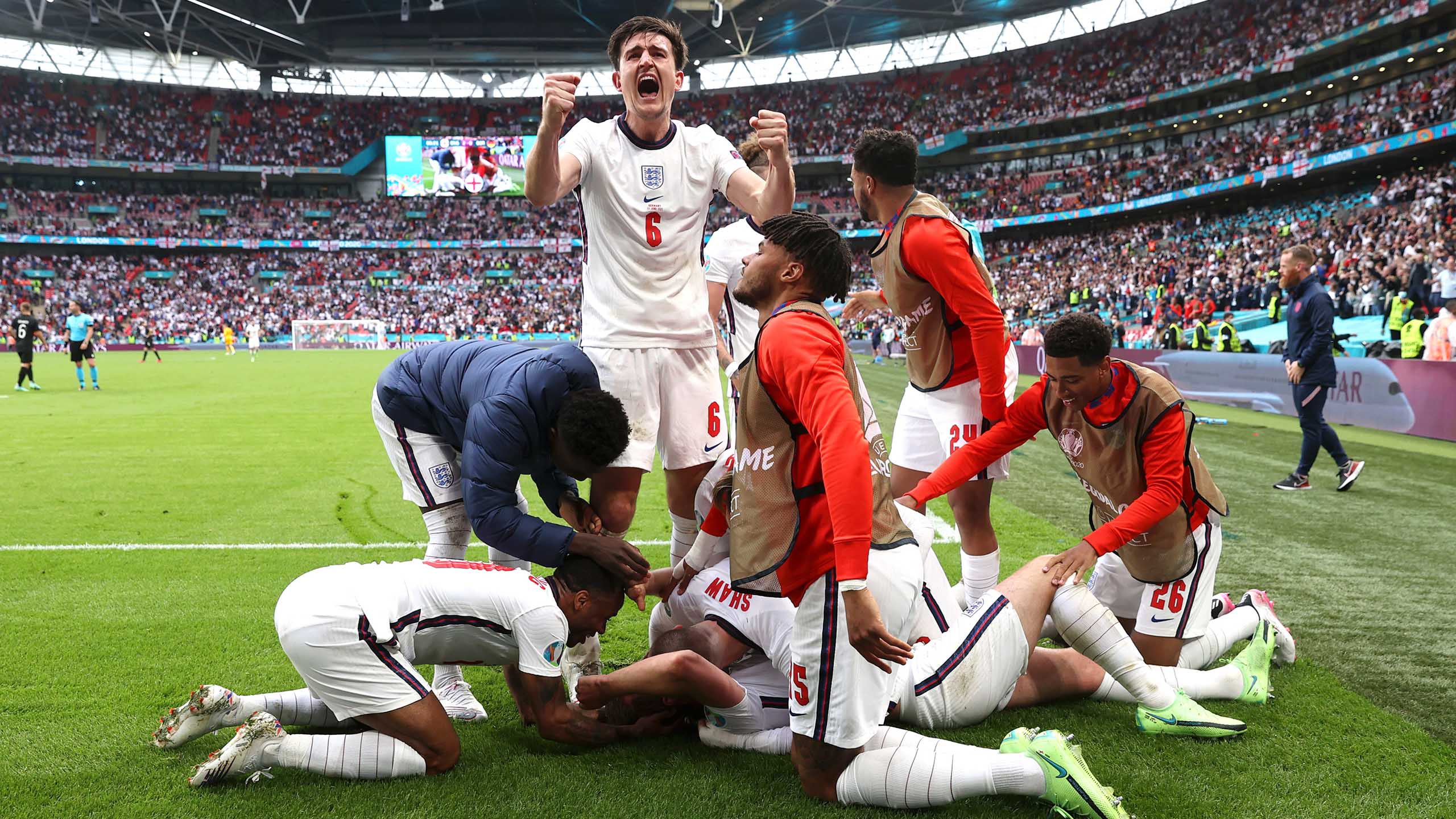 England's Harry Maguire celebrates at Wembley during the win over Germany in EURO 2020