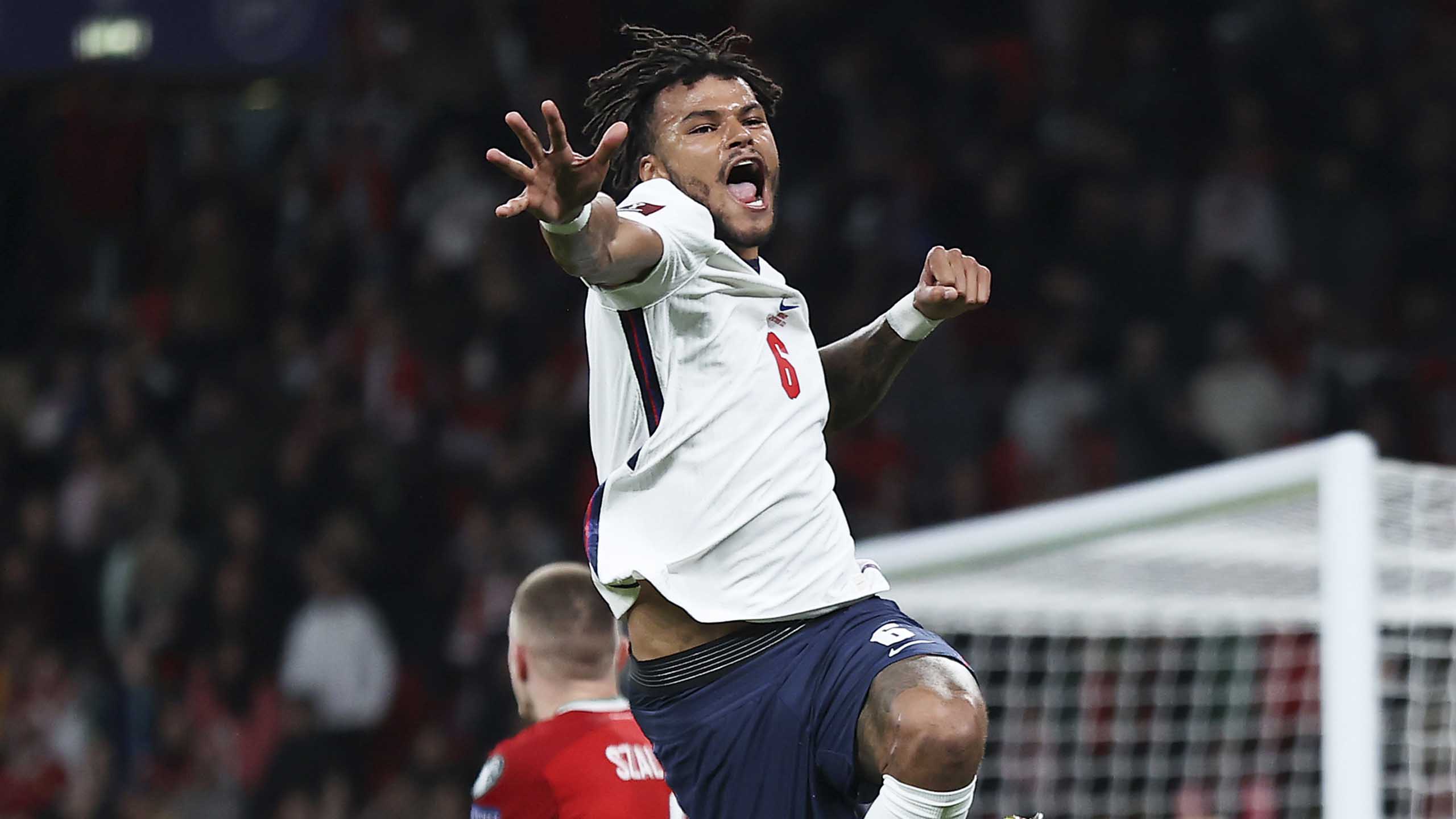 England's Tyrone Mings celebrates John Stones' goal against Hungary at Wembley