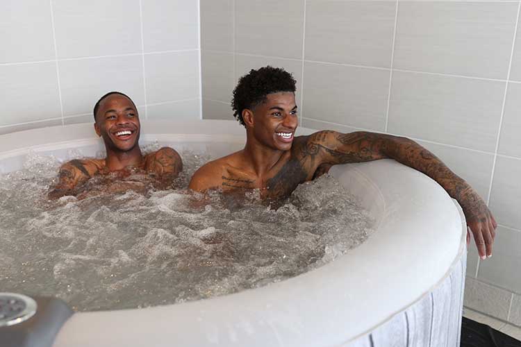 England's Raheem Sterling and Marcus Rashford in the jacuzzi