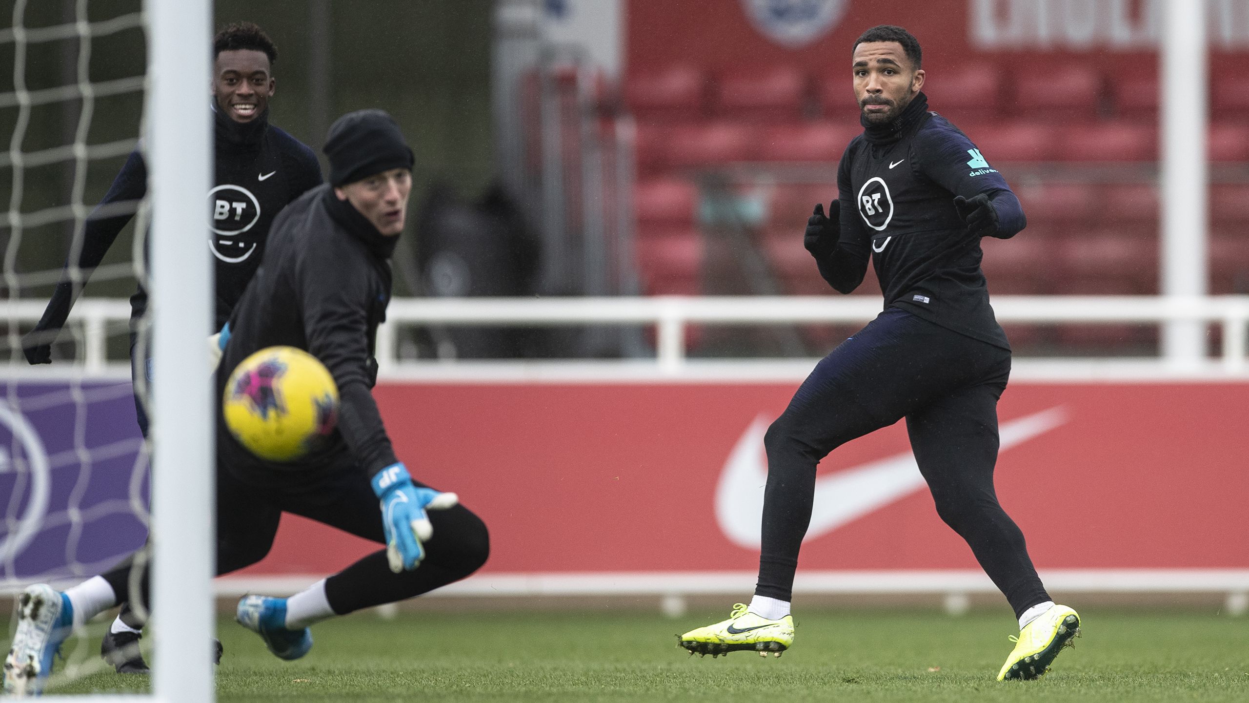 Callum Wilson practicing shooting at training