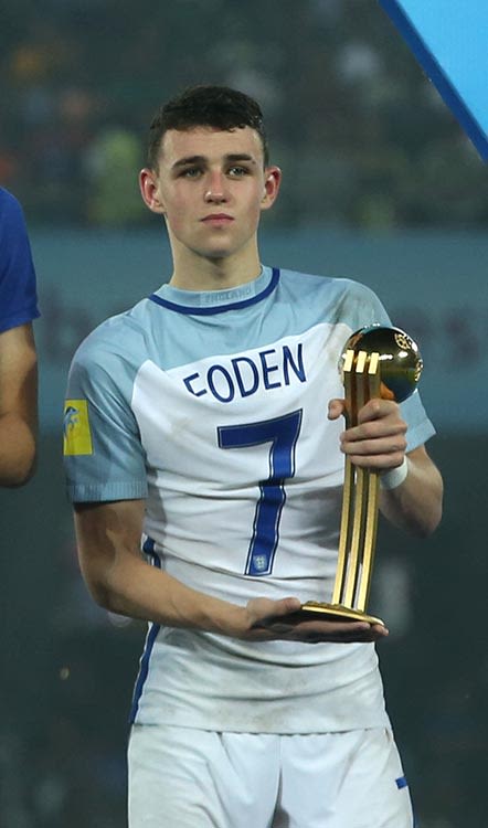 Phil Foden with his trophy for being the Player of the Tournament at the Under-17 World Cup 