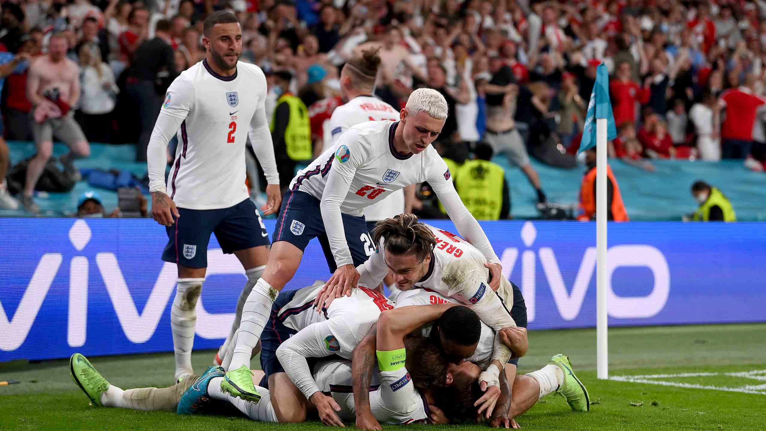 Phil Foden and Harry Kane during the win over Denmark in EURO 2020 semi-final